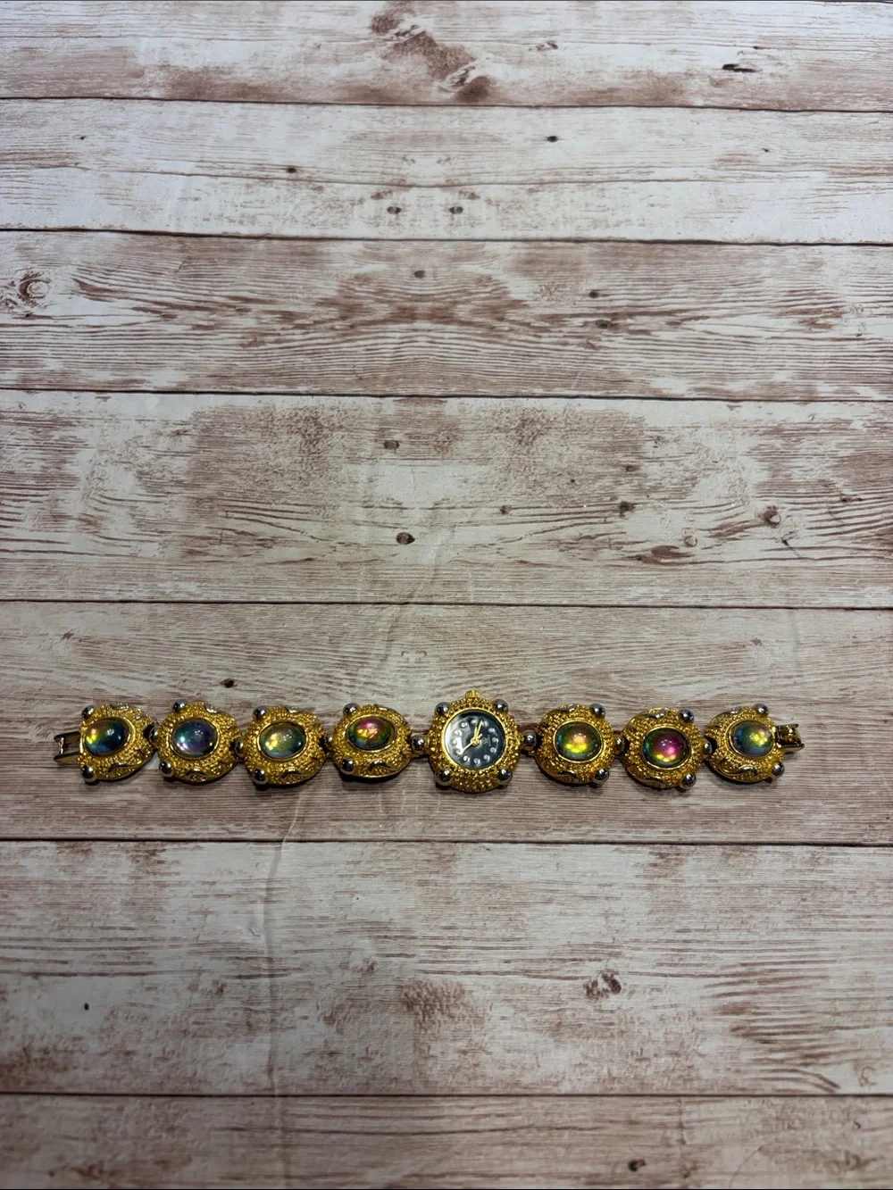 18K Electro Plated Gold-Vintage Bracelet Watch with Iridescent Cabochons